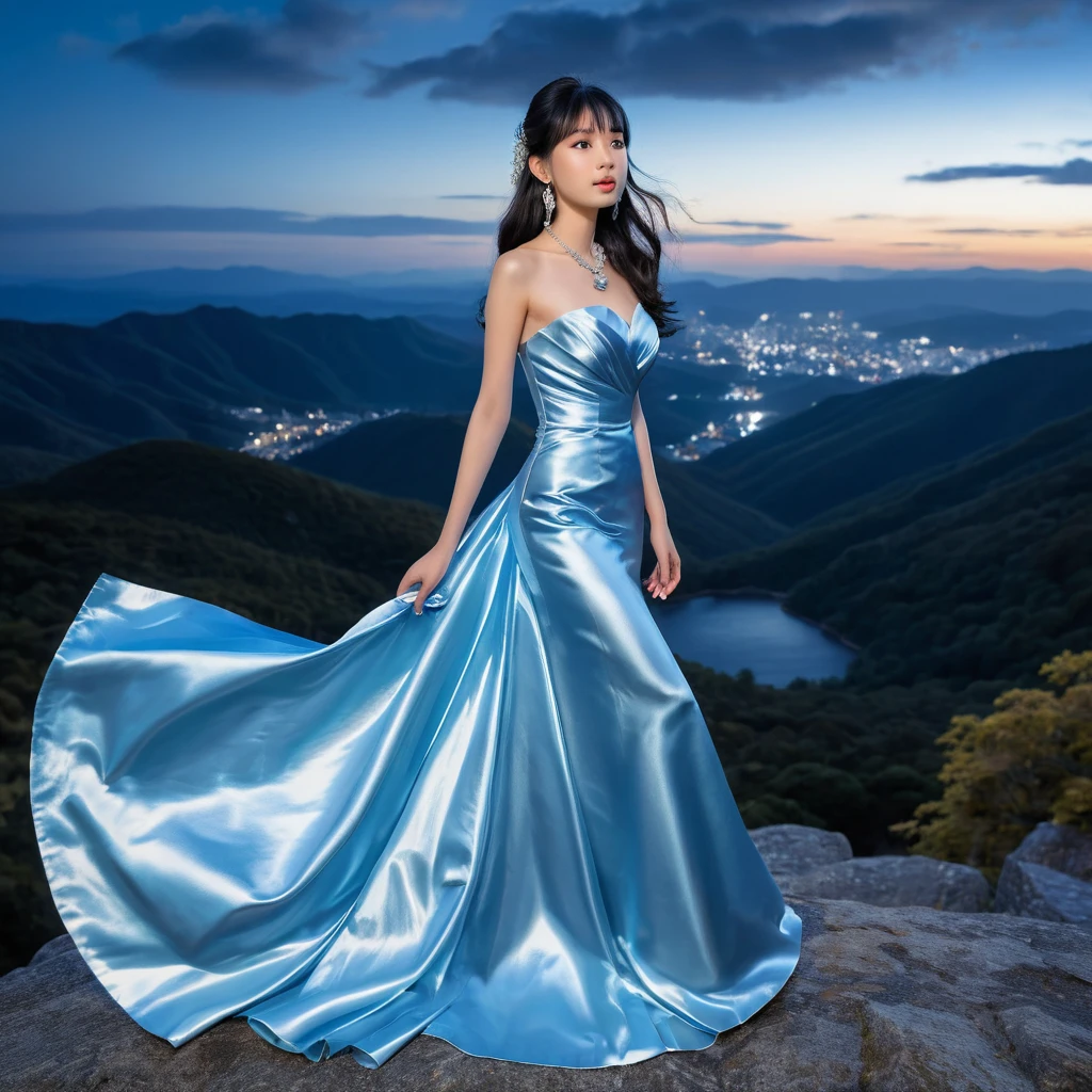 Garota elegante em vestido de cetim azul em uma montanha à noite