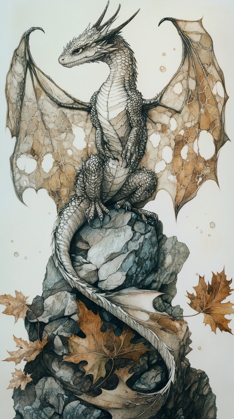 Petit dragon antique aux ailes de feuille sur pierre fracturée