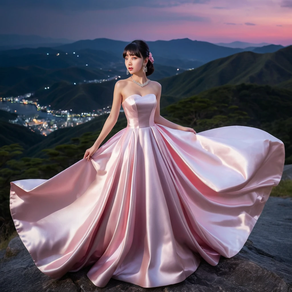 산속 밤에 선 분홍 새틴 가운의 우아한 소녀