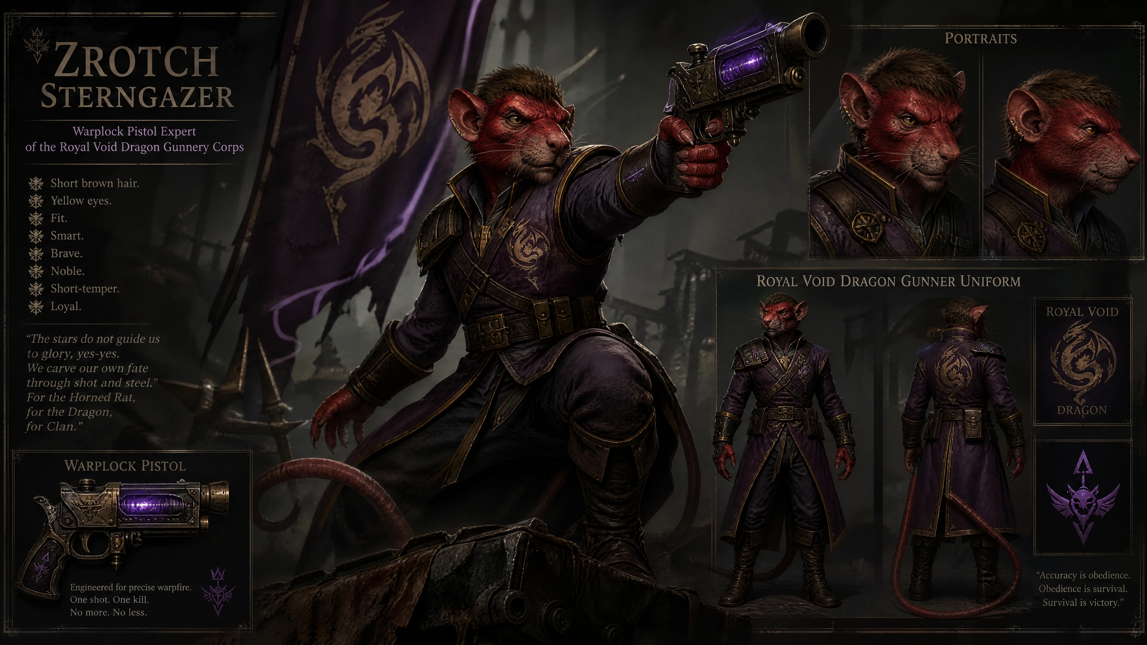 Tireur skaven au pelage rouge, brave, en uniforme royal de dragon