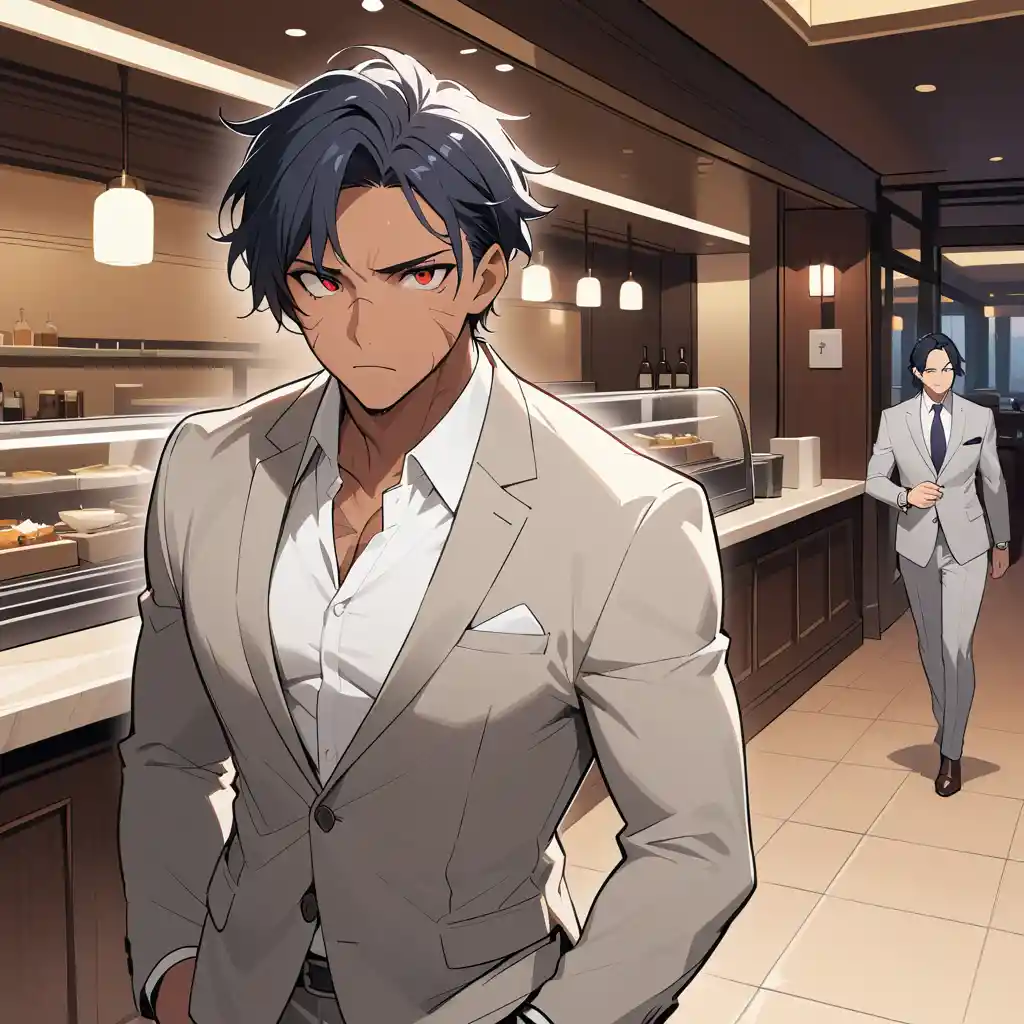 Scarred middle aged man in suit in restaurant lobby