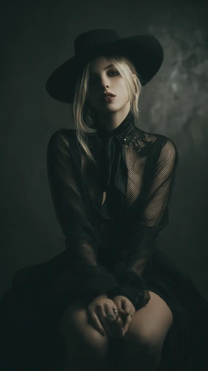 Geheimnisvolle Femme fatale mit dunkler, eleganter Ausstrahlung