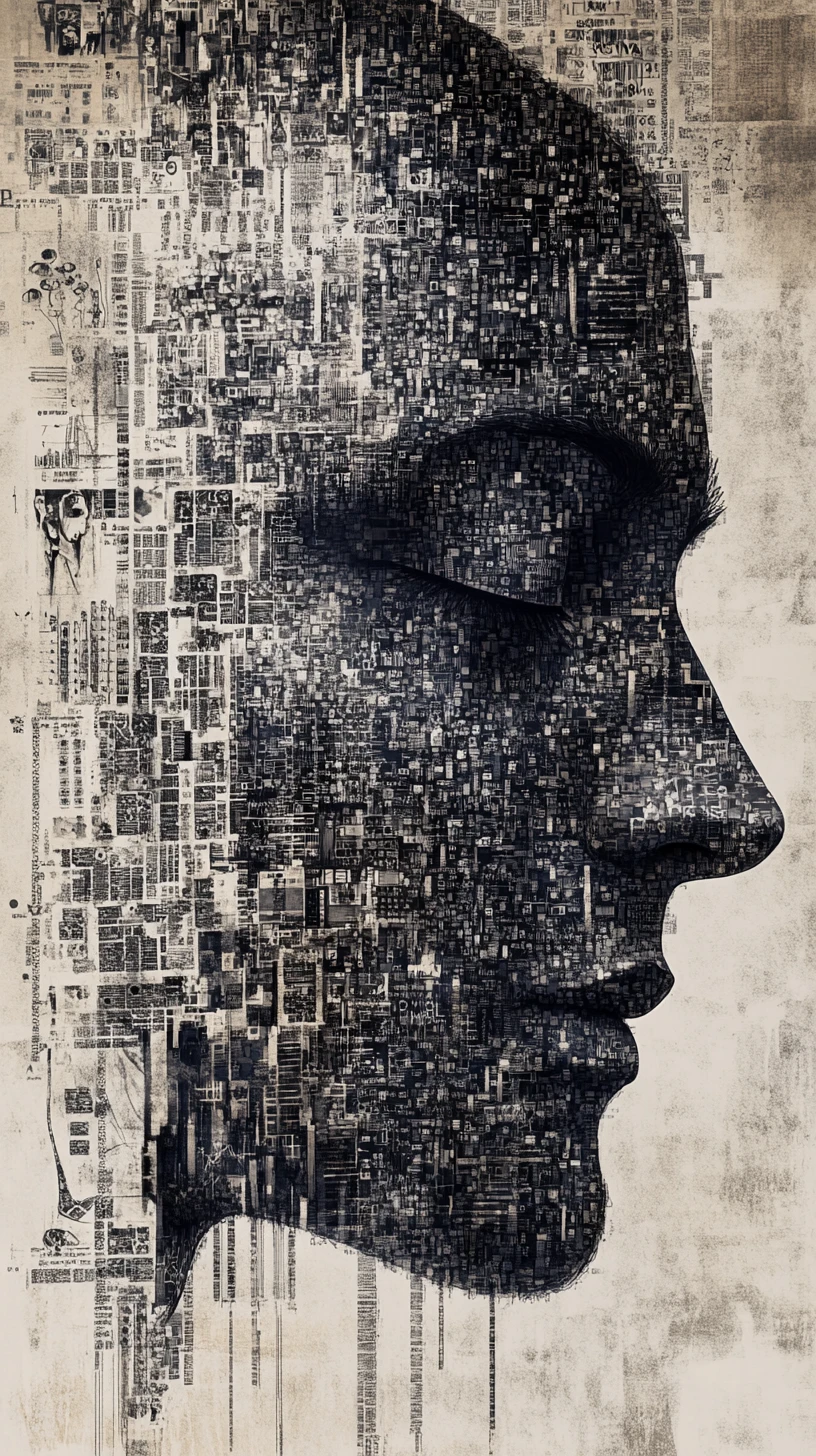 Rosto humano surgindo de dados ordenados e ruído visual