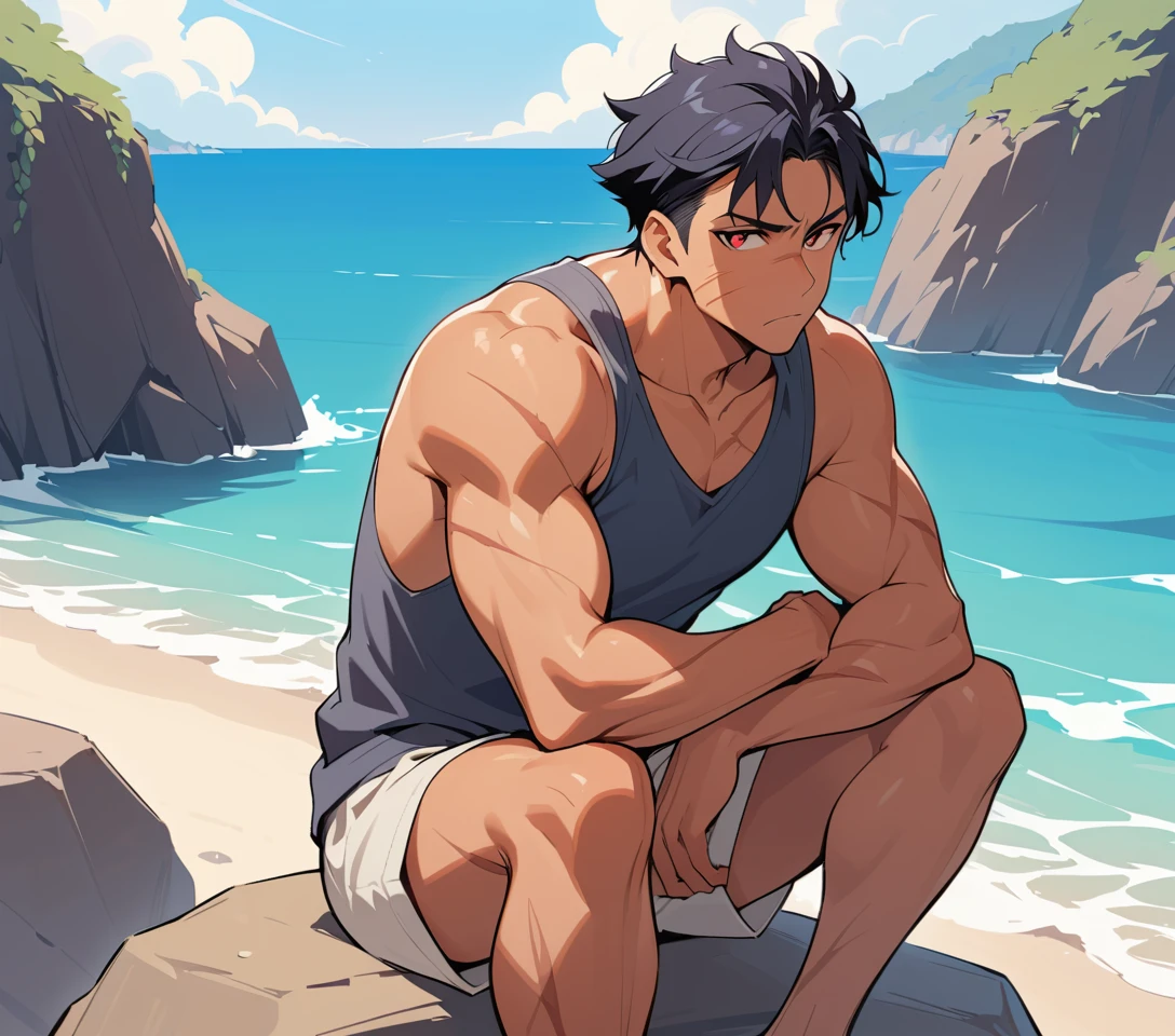 海辺の赤い瞳をした傷だらけの筋肉質な男