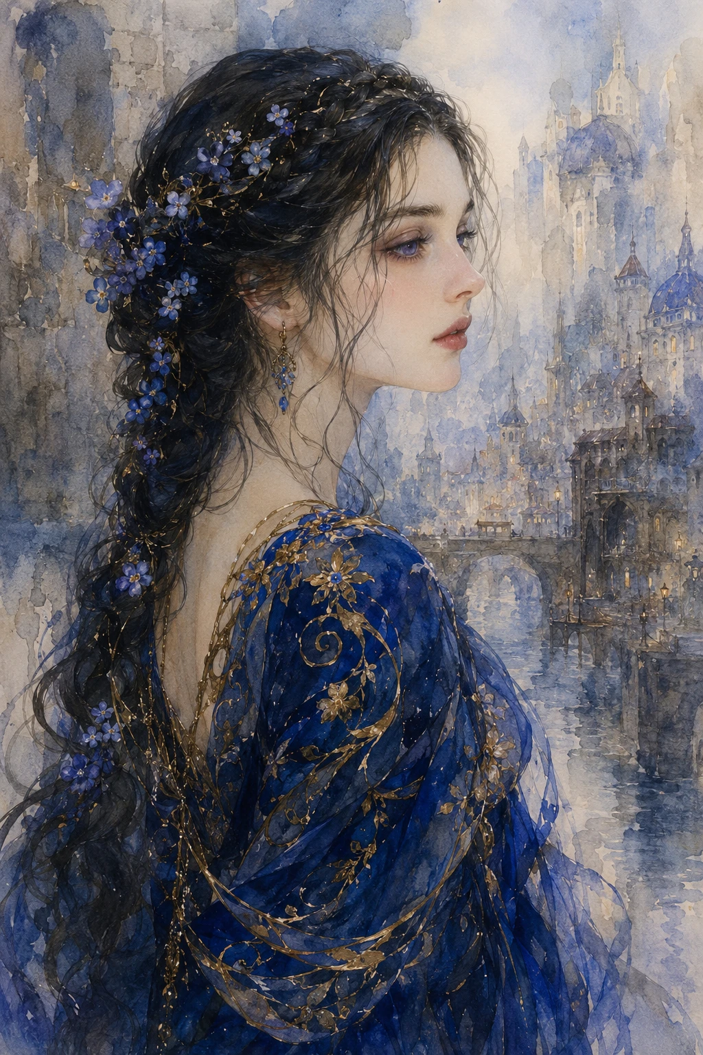 Retrato etéreo en acuarela de una mujer con vestido azul