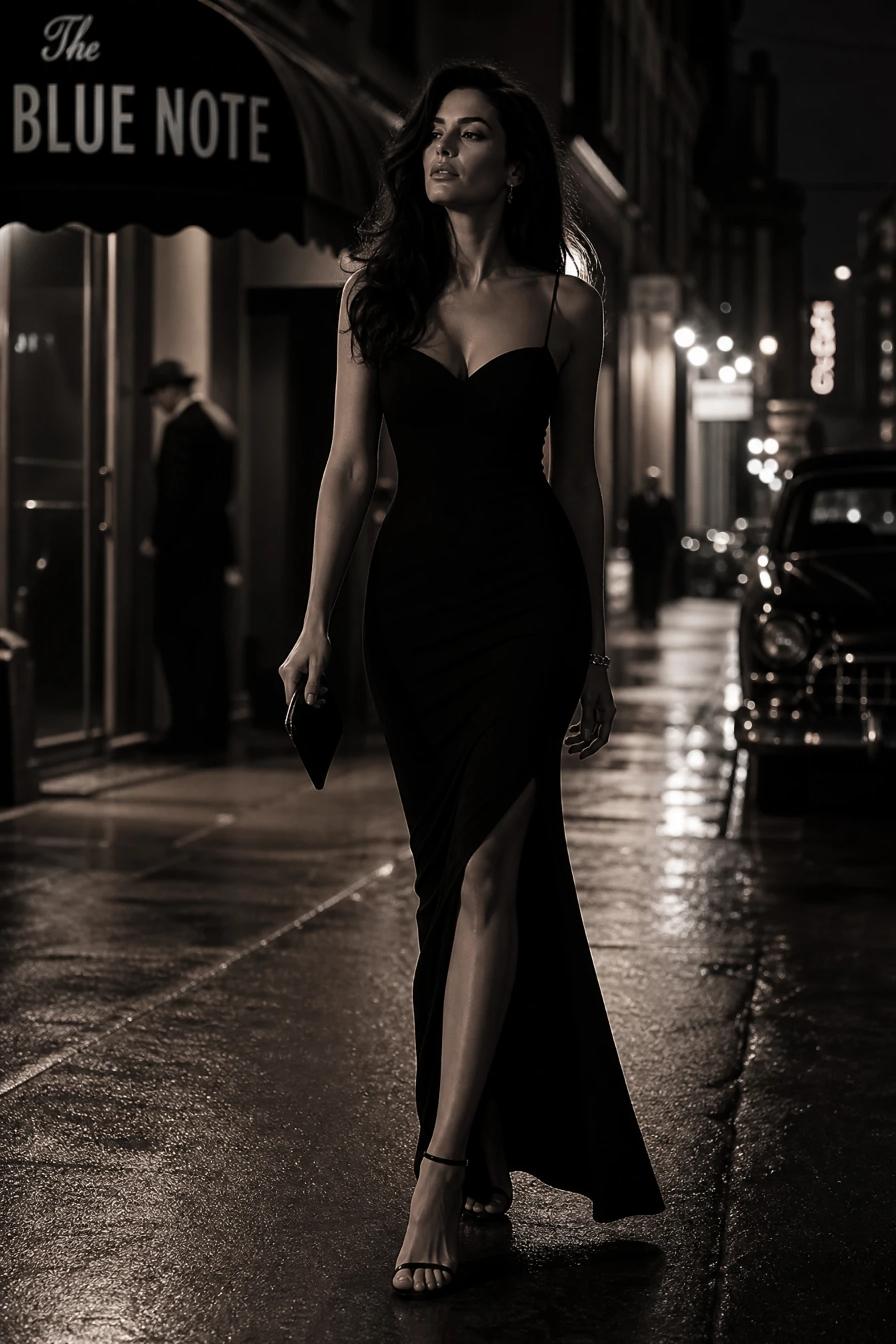 Mulher alta em um simples vestido preto, em pé com confiança