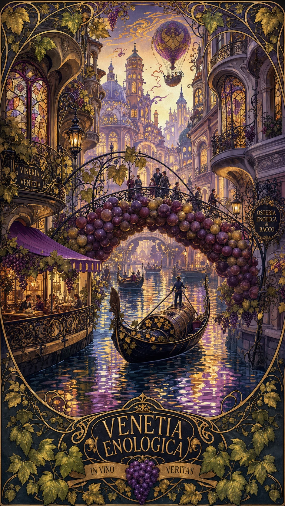 Cidade de canais art nouveau com gôndolas lúdicas inspiradas em uvas