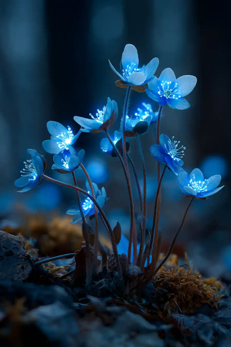 Glowing flower buds on a dark forest floor