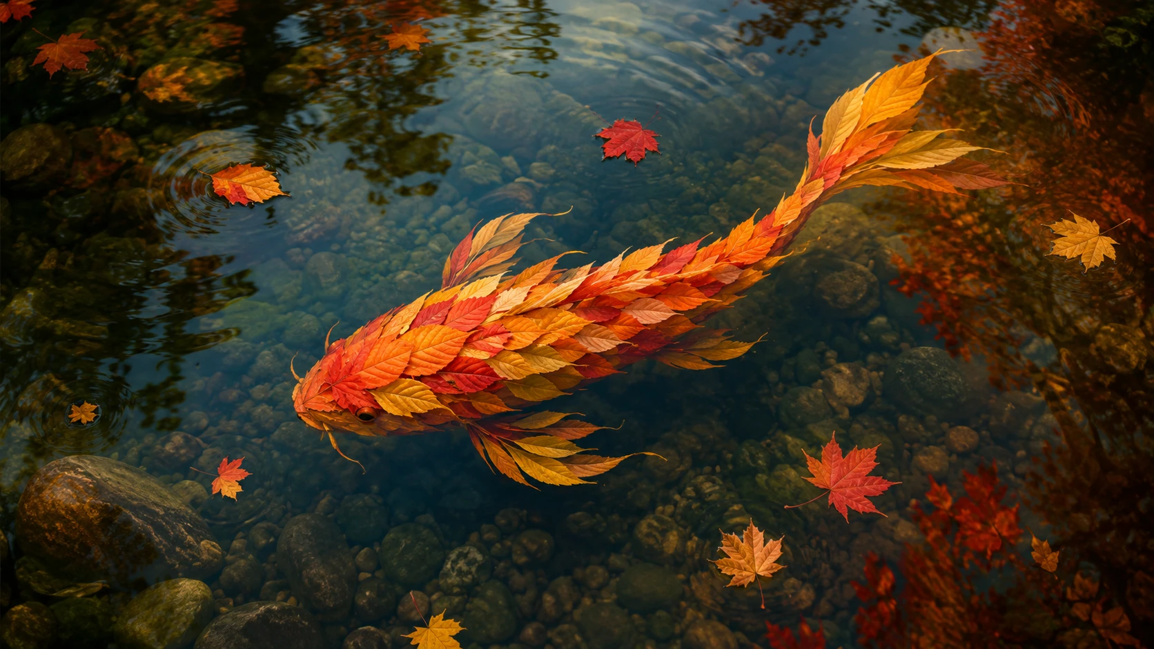 Koi-Fisch aus Herbstblättern unter klarem Wasser