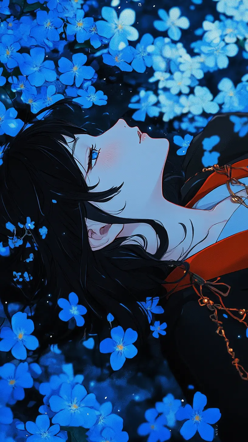 Fille d’anime allongée parmi des fleurs bleues dans l’eau