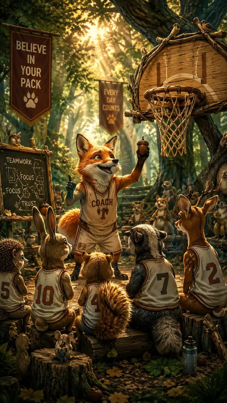 Fox Coach Leading Forest Animals In Enchanted Basketball Game
