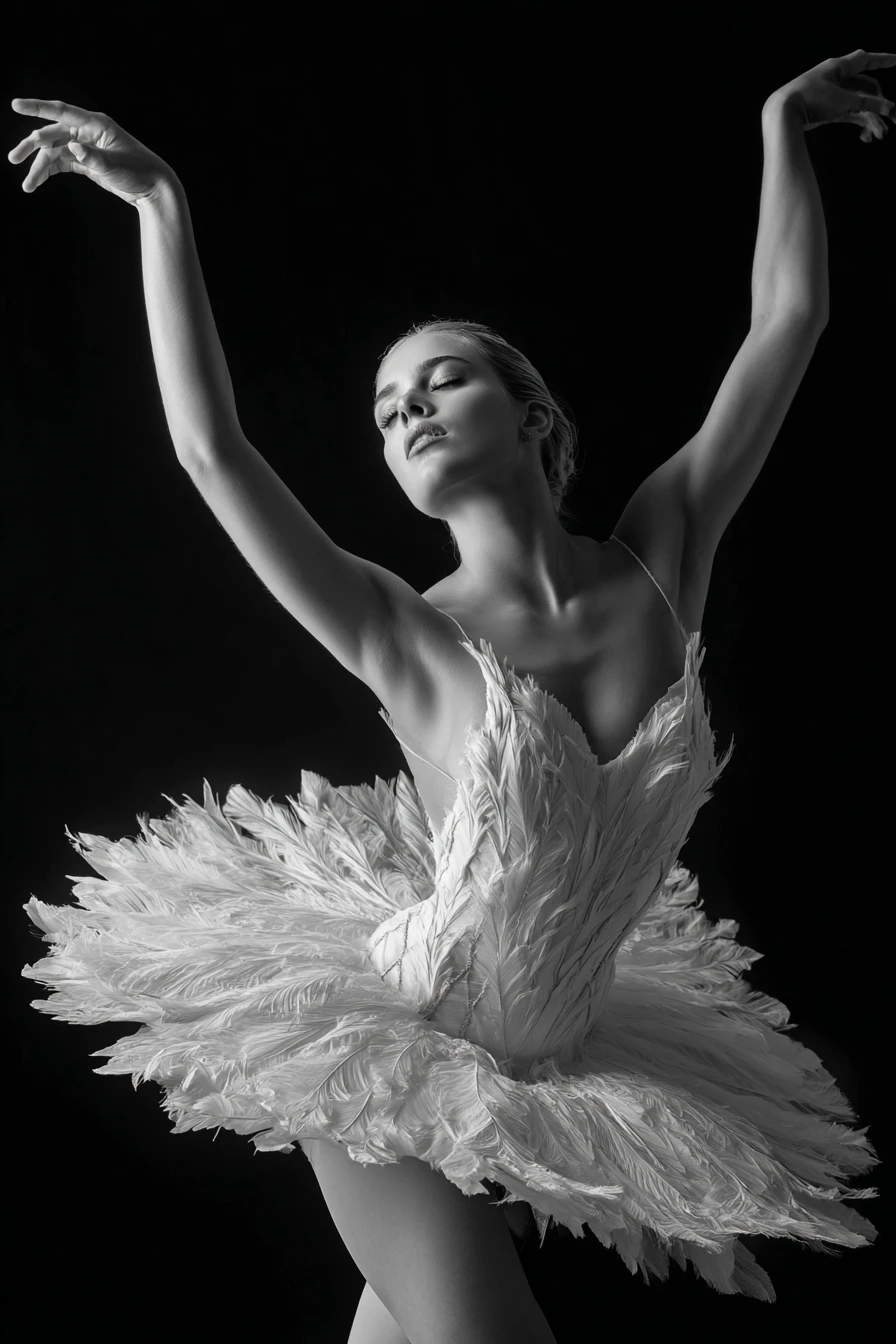 Elegante ballerina in posa con tutù bianco ispirato al soffione