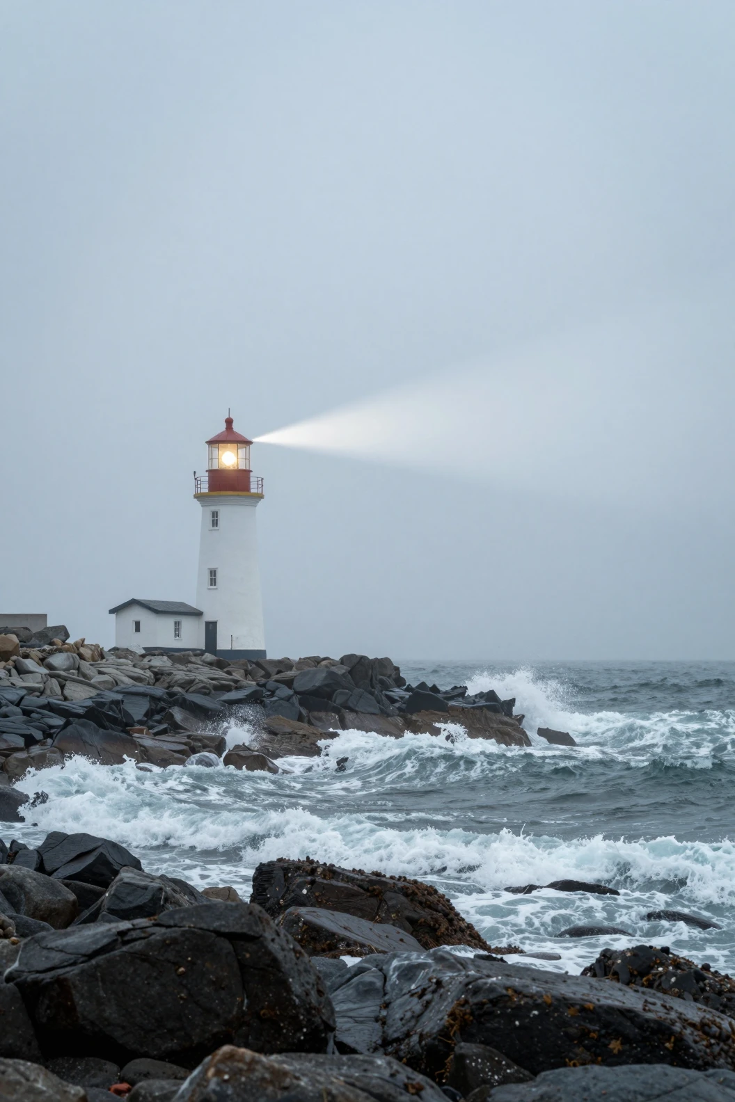 Lighthouse beam cutting through fog on a rocky coastline