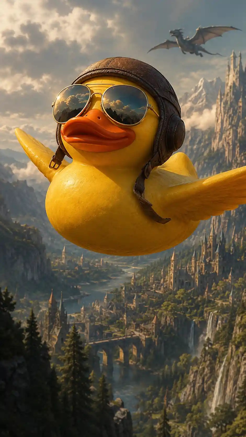 Yellow rubber duck flying over a surreal fantasy landscape
