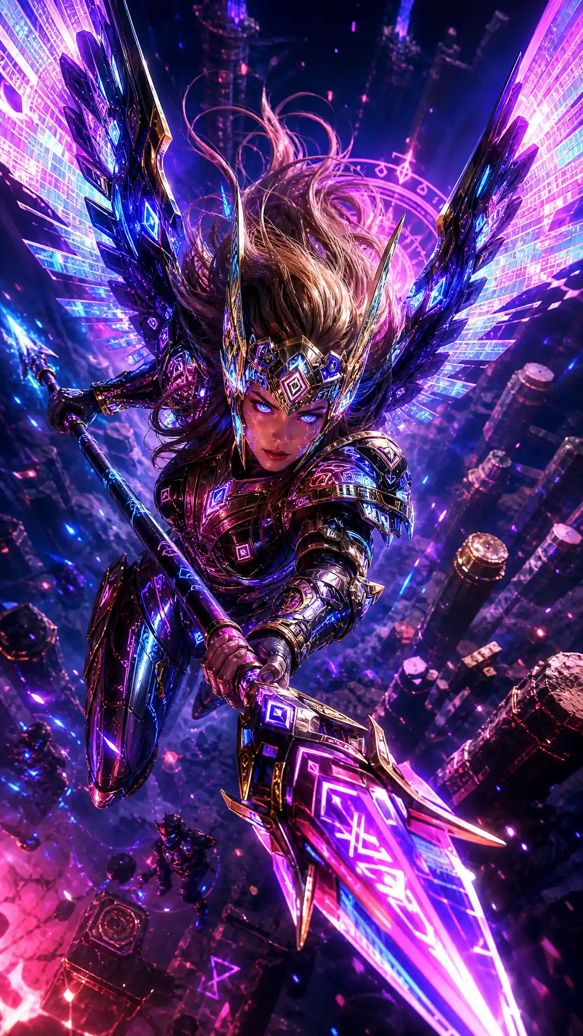 Cyber valkyrie warrior with neon spear and glowing wings