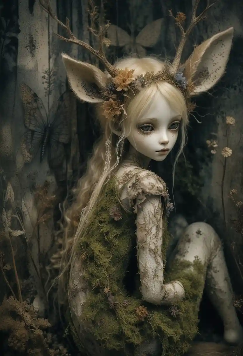 Surreal fae creature doll with botanical collage details