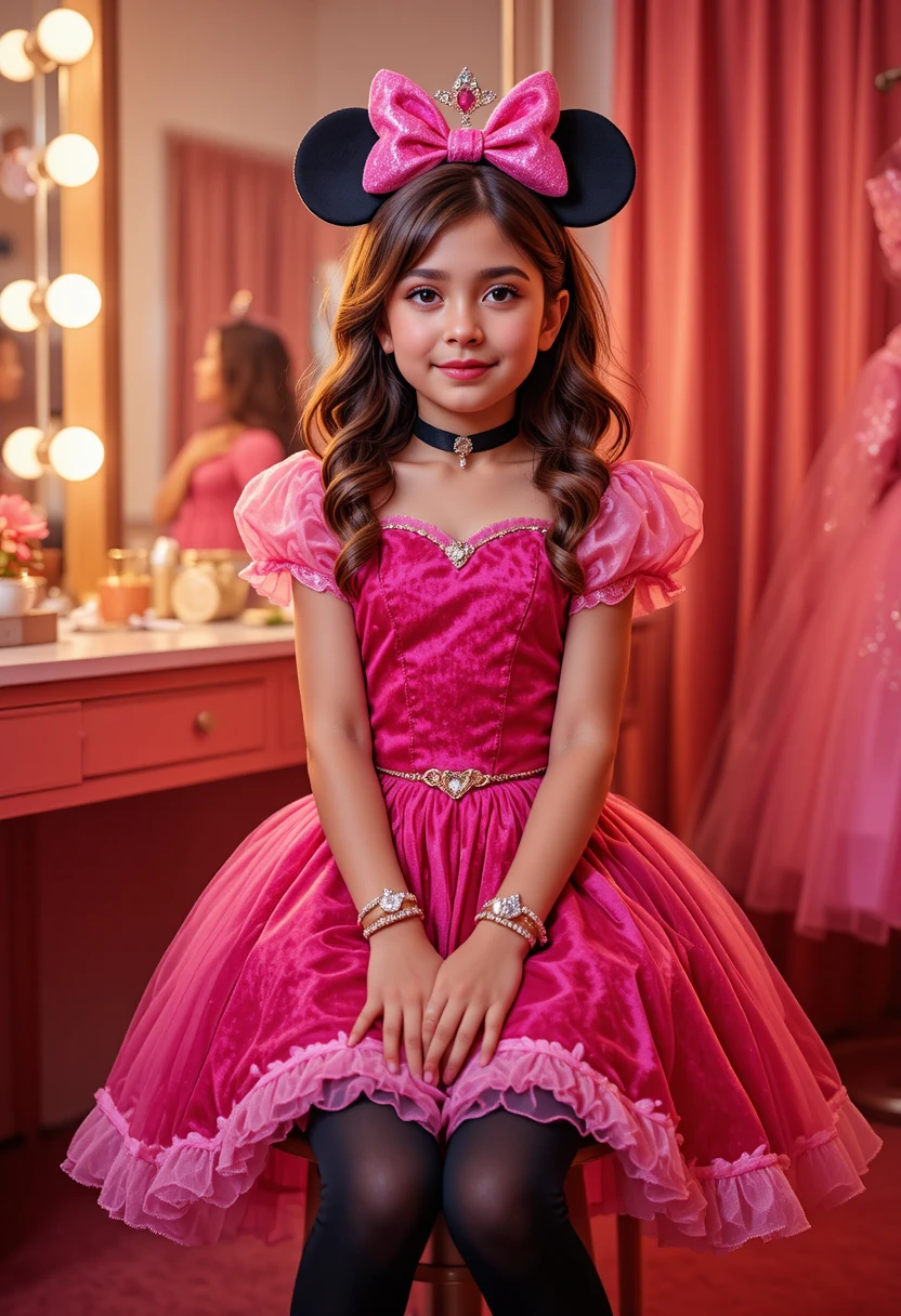 Menino nervoso vestido de princesa em uma loja de vestidos