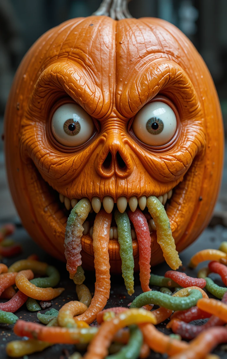 Abóbora de olhos esbugalhados fazendo cara de doce azedo de Halloween