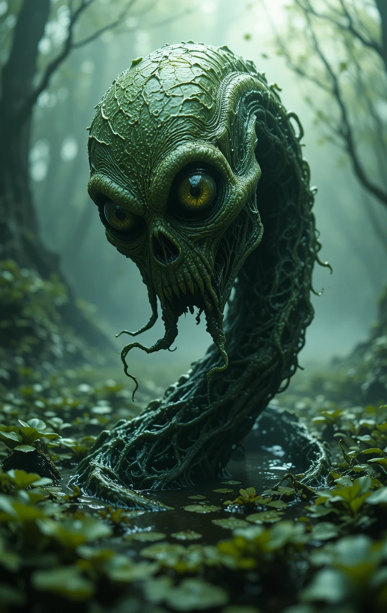 Monstro grotesco do pântano emergindo de águas escuras cobertas de algas verdes