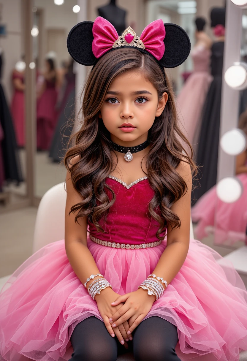 Menino nervoso vestido de princesa rosa em boutique
