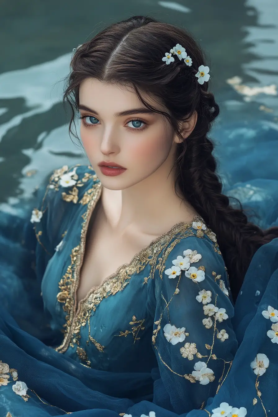 Ätherische Frau im blauen Kleid an einem nebligen Ozean
