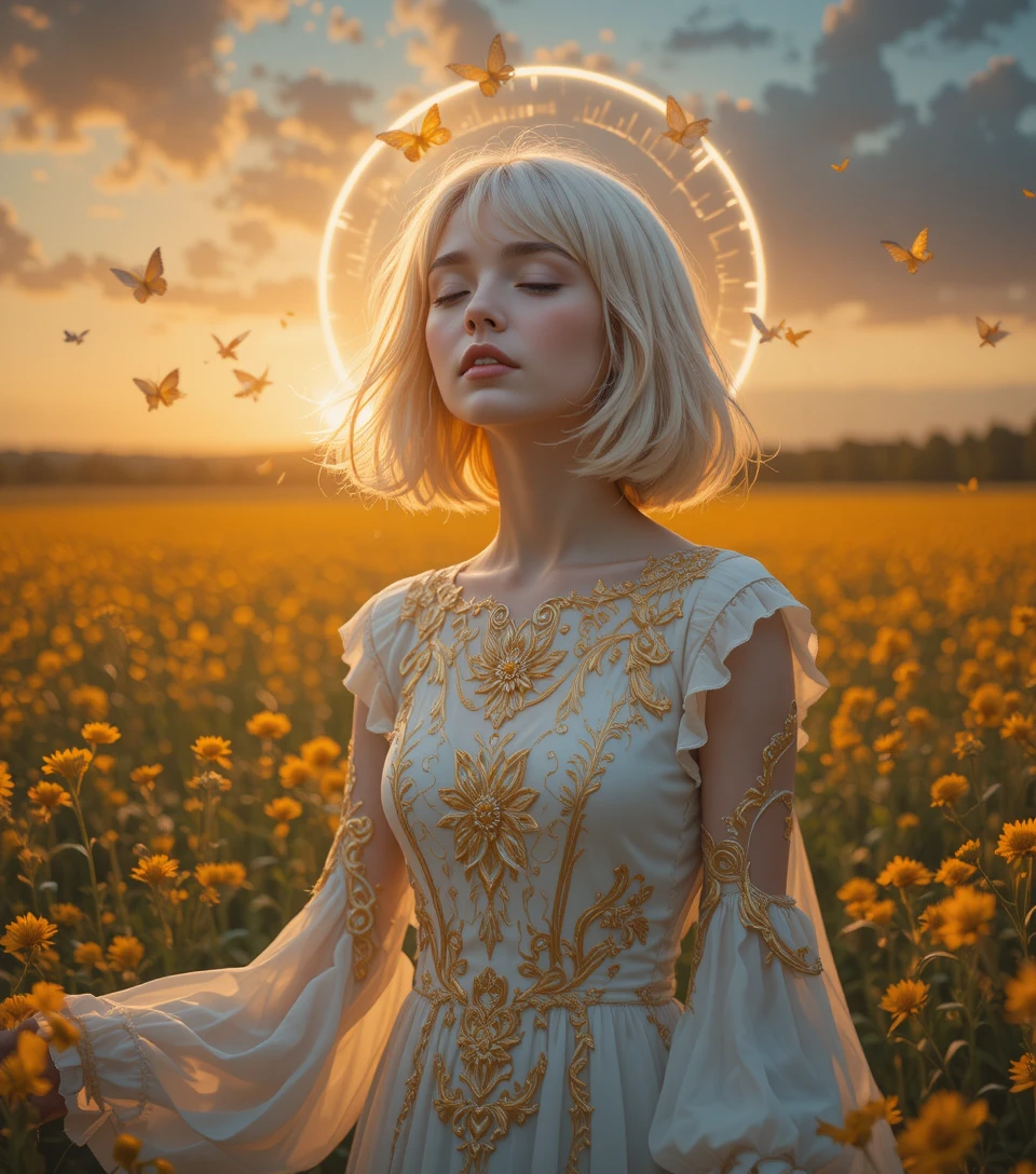 Ragazza serena in abito bianco tra fiori dorati luminosi