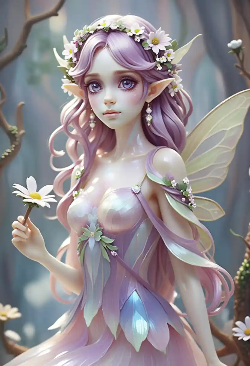Fille Fée Éthérée aux Cheveux Pastel et Marguerites