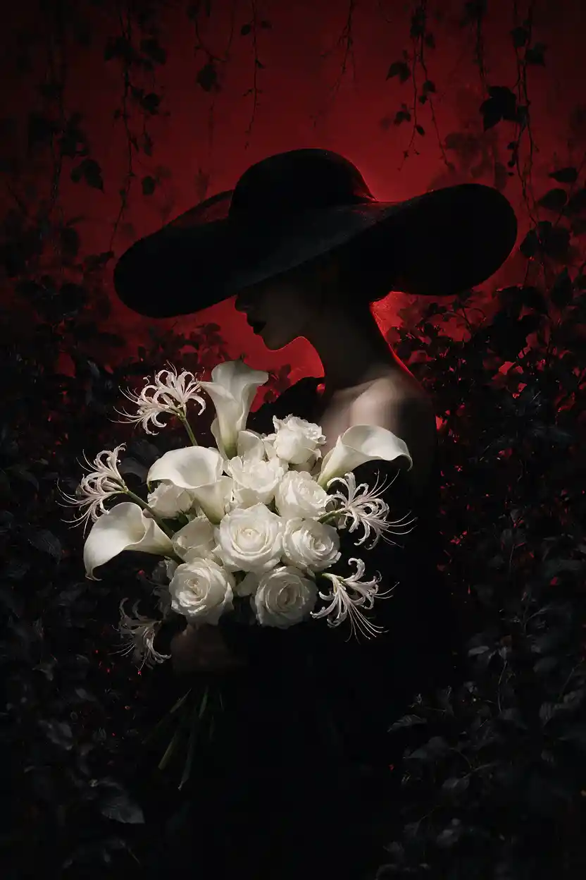 Elegant woman in black with white lilies bouquet