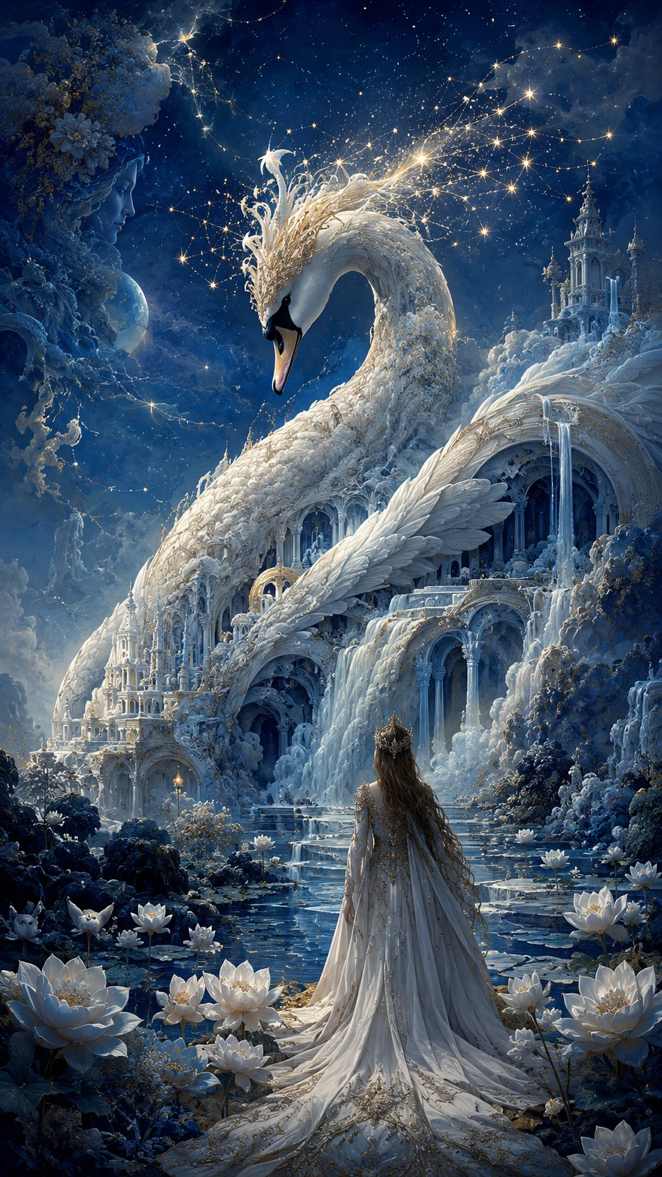 Princesa esquecida transformando-se em um cisne celestial de mármore