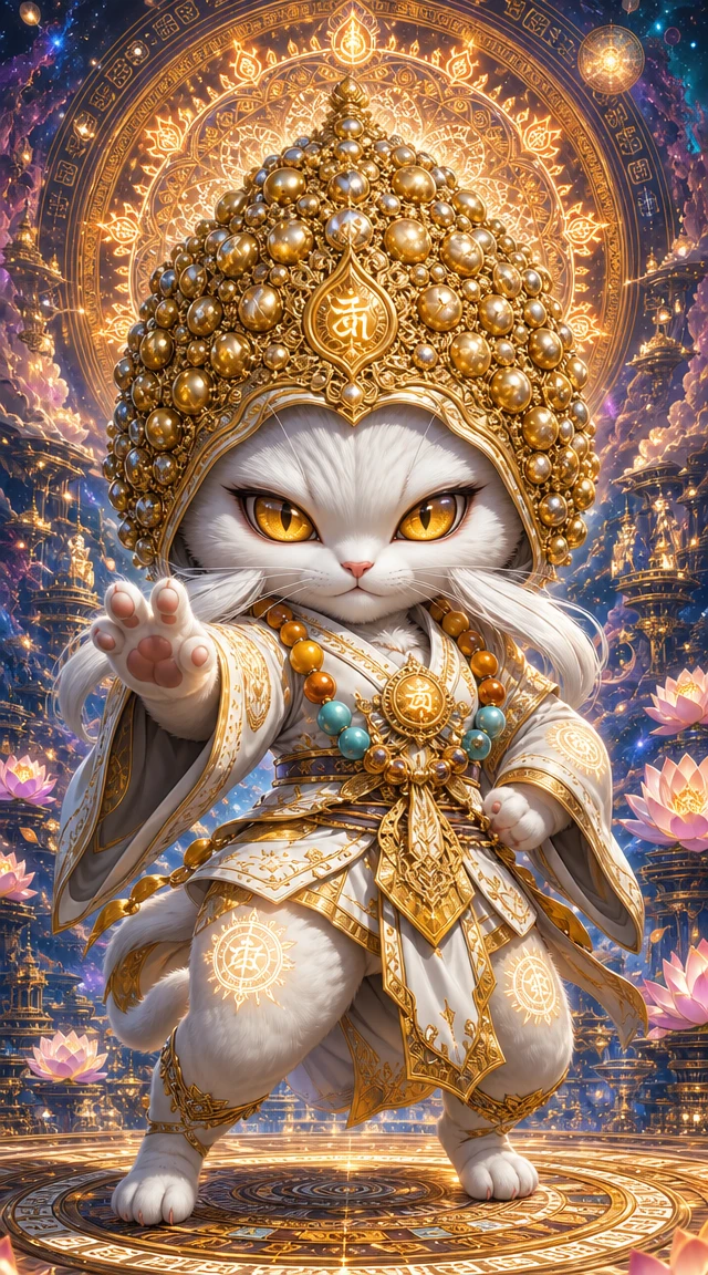 Guerriero monaco felino chibi in posa nel tempio cosmico