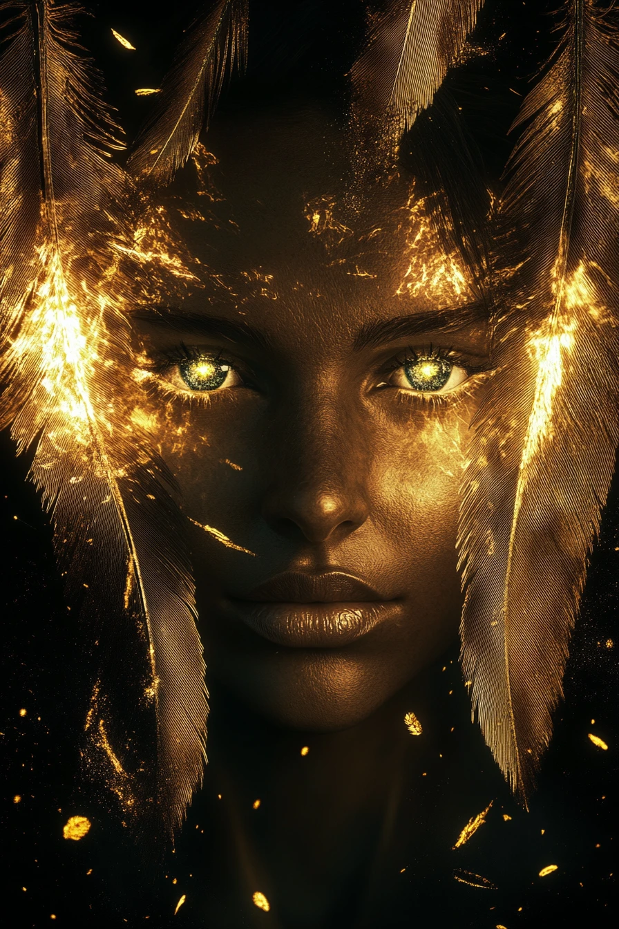 Mulher com penas douradas e olhos de esmeralda brilhantes