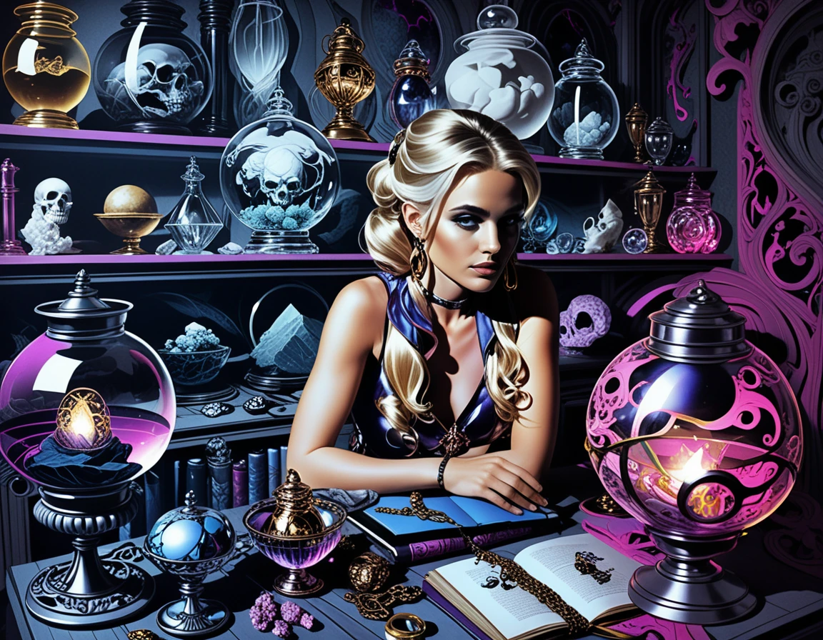 Cristaux et potions façon cartoon dans une échoppe d’apothicaire fantastique