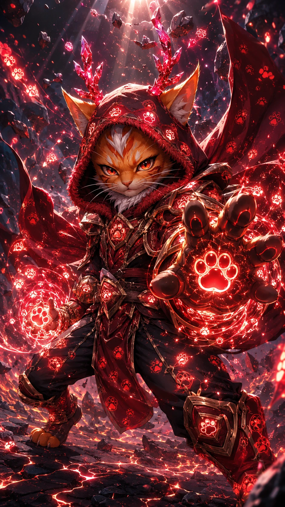 Mage guerrier félin chibi lançant une magie cramoisie explosive