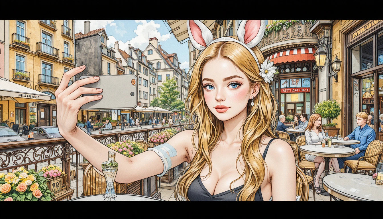 카페 테라스에서 셀카를 찍는 토끼 코스튬의 귀여운 소녀