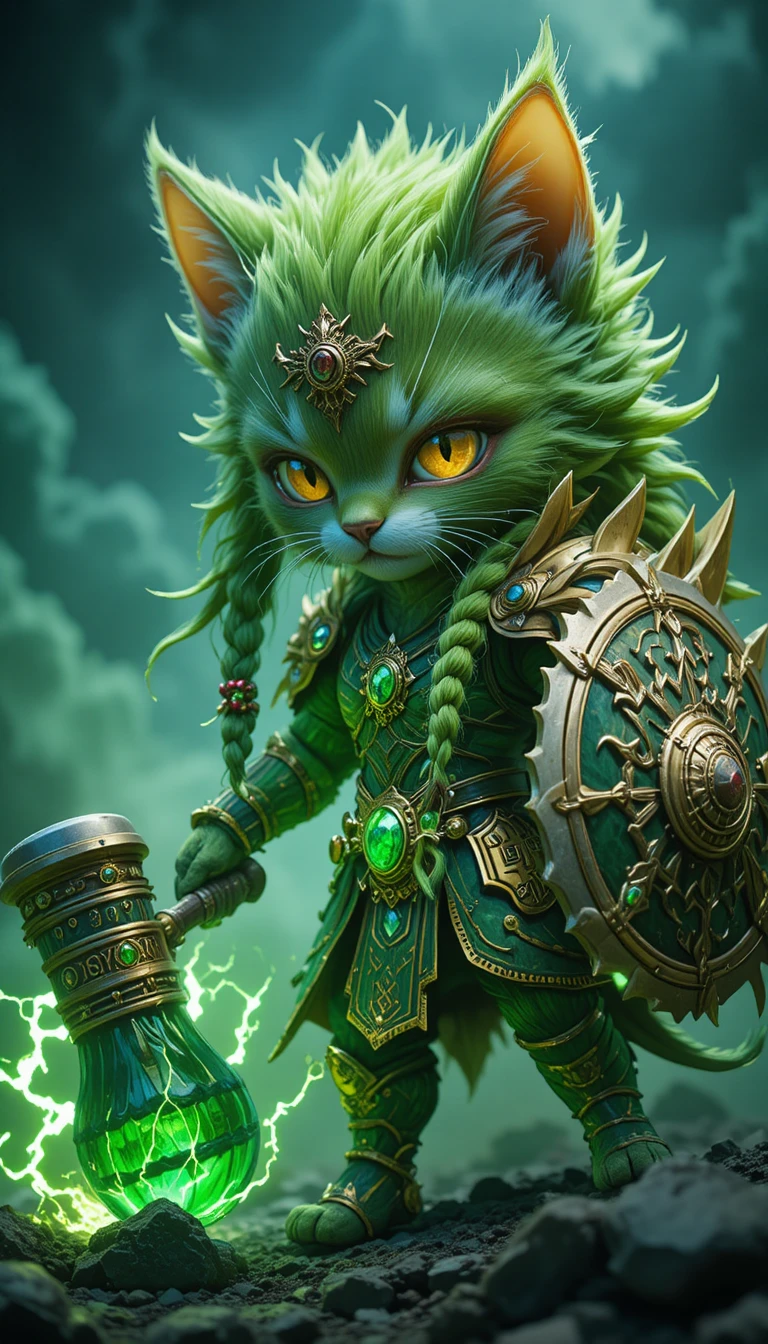 Guerreiro felino chibi com martelo em campo de batalha tempestuoso
