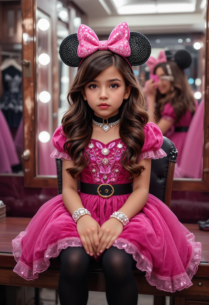 Menino nervoso de vestido de princesa rosa em frente à penteadeira