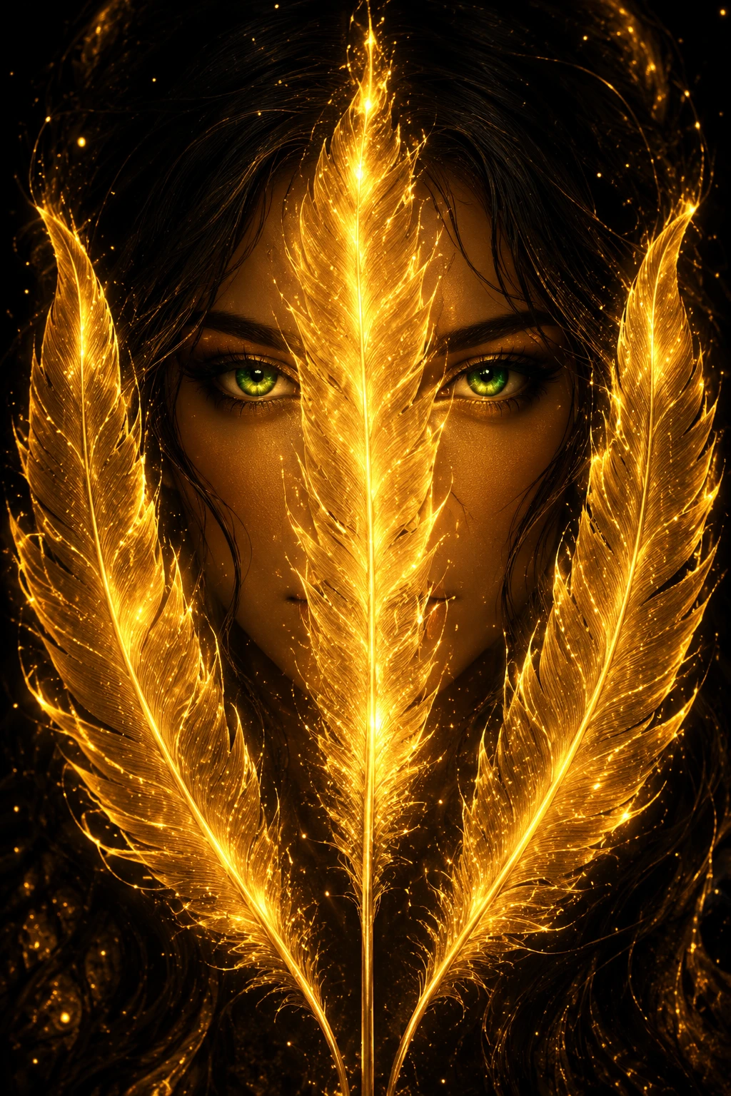 Retrato de mulher com penas douradas brilhando no vazio escuro