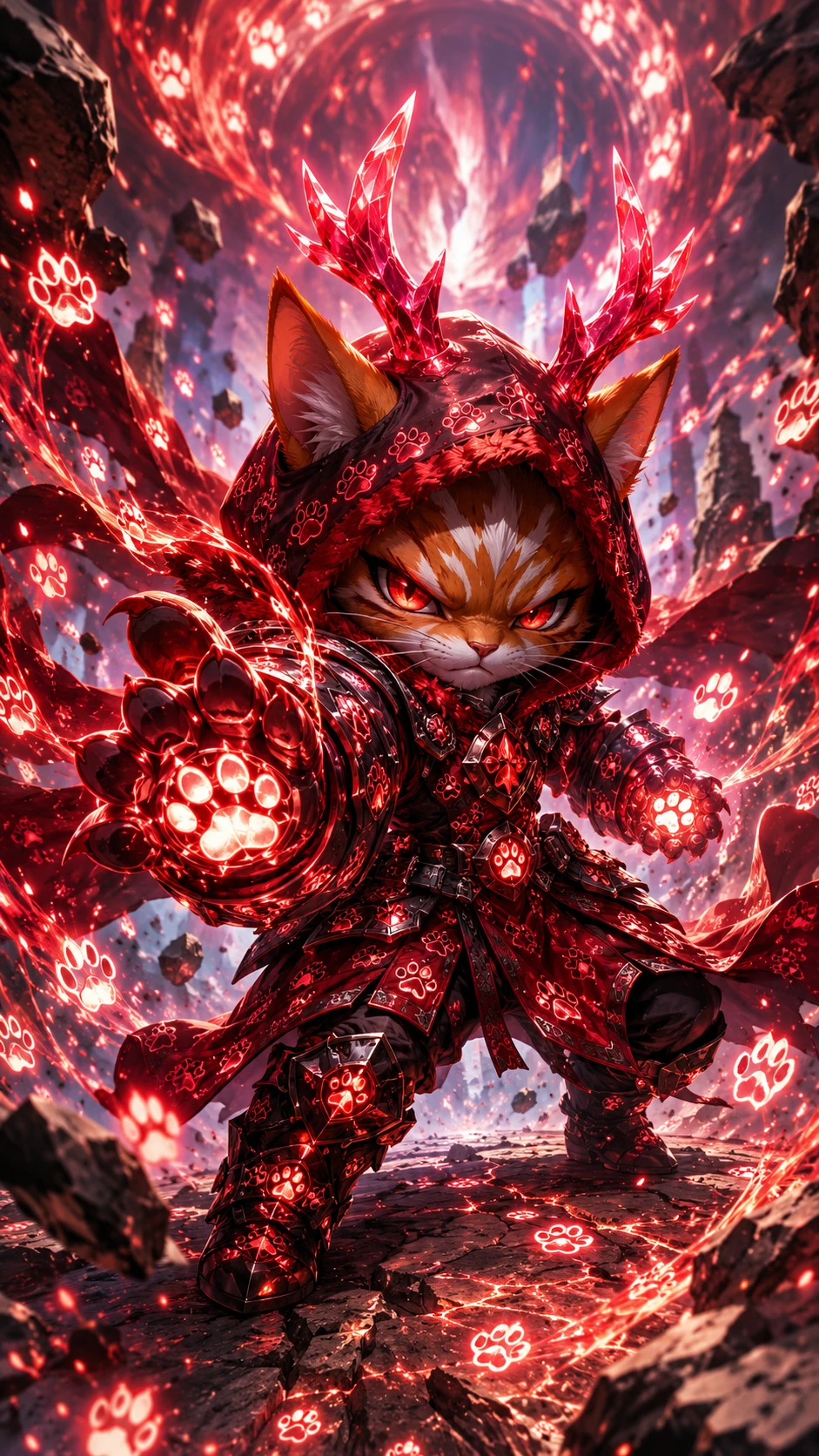 Mage félin chibi libérant une magie de runes lumineuses en pleine bataille