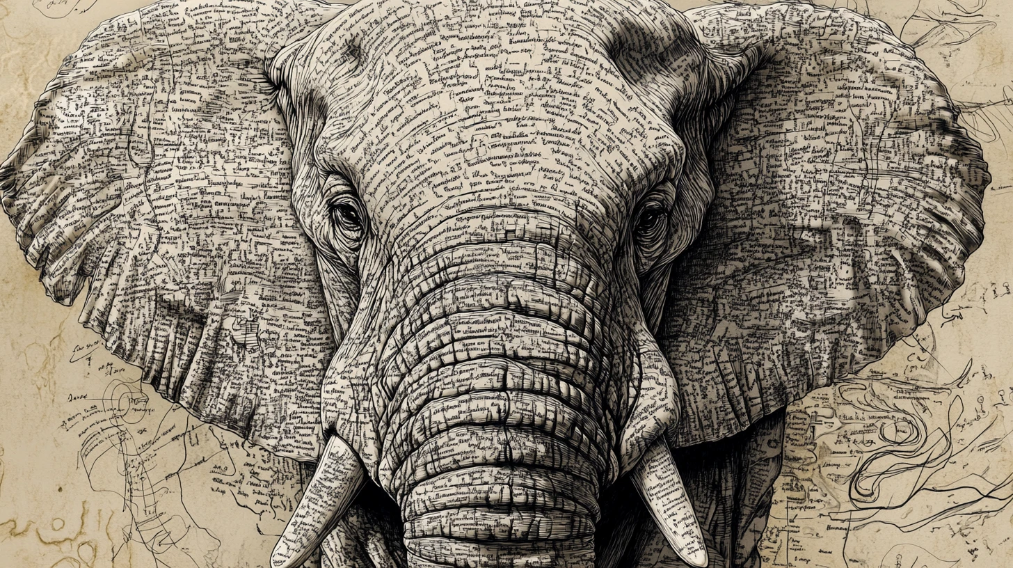 Elefante antigo com pele que se transforma em bibliotecas e mapas