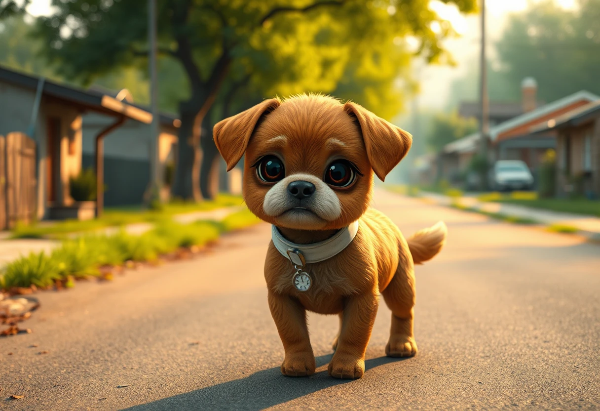 Pequeno cachorro marrom caminhando sozinho em uma estrada tranquila de vila