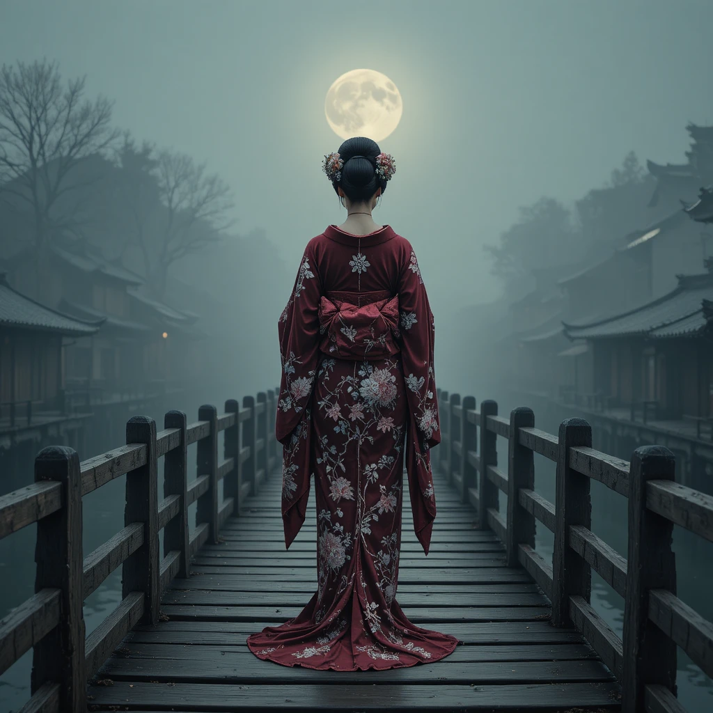 Geisha em quimono carmesim em ponte de madeira ao luar