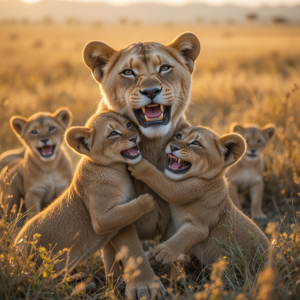 Filhotes de leão brincalhões com a mãe na luz quente da savana