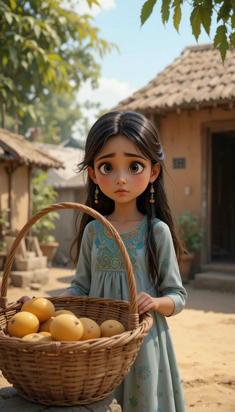 Sad girl with empty mango basket in village yard
