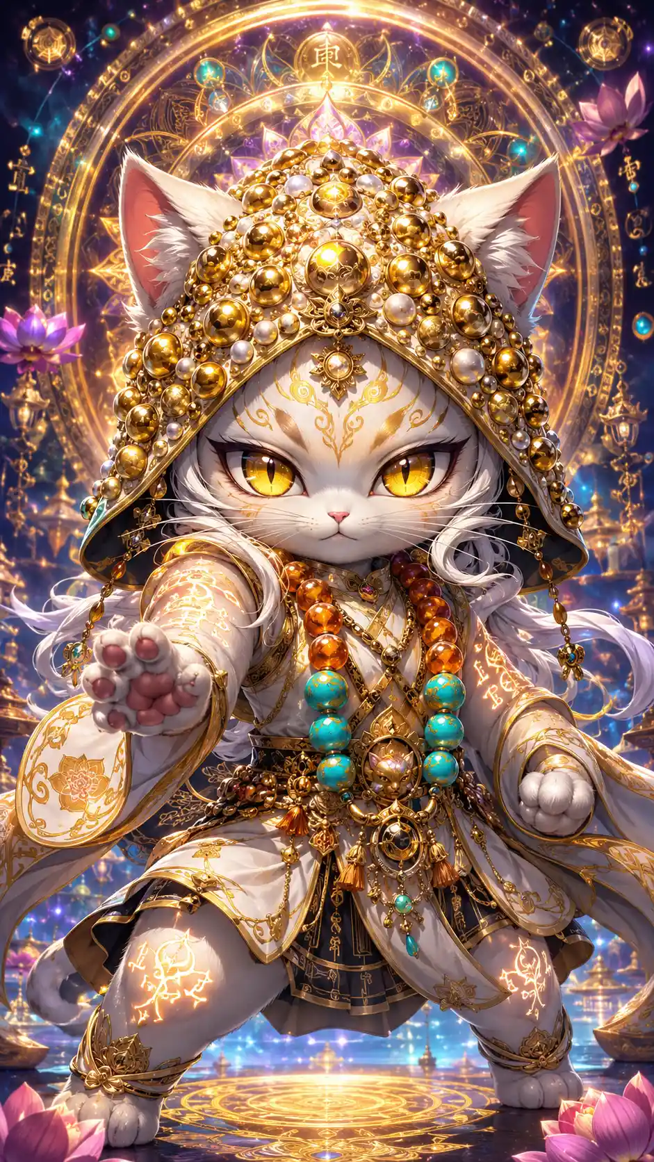 Guerriero monaco felino chibi in una posa di battaglia imponente