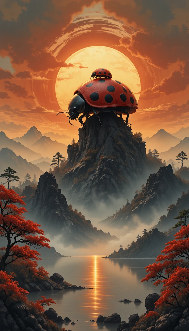 Coccinelle colossali sopra montagne nebbiose all’alba dorata