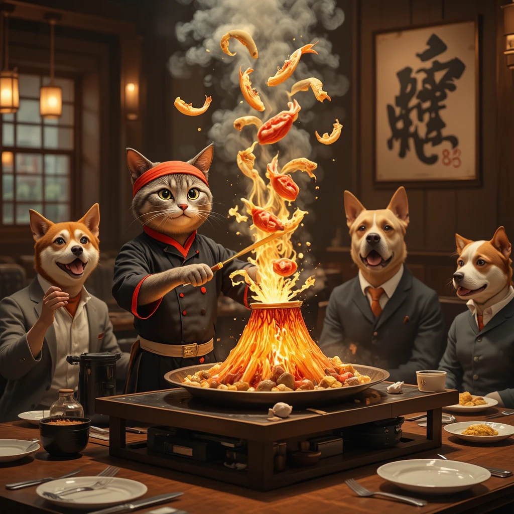 Chef Gato Antropomórfico em Mesa de Churrasco Teppanyaki