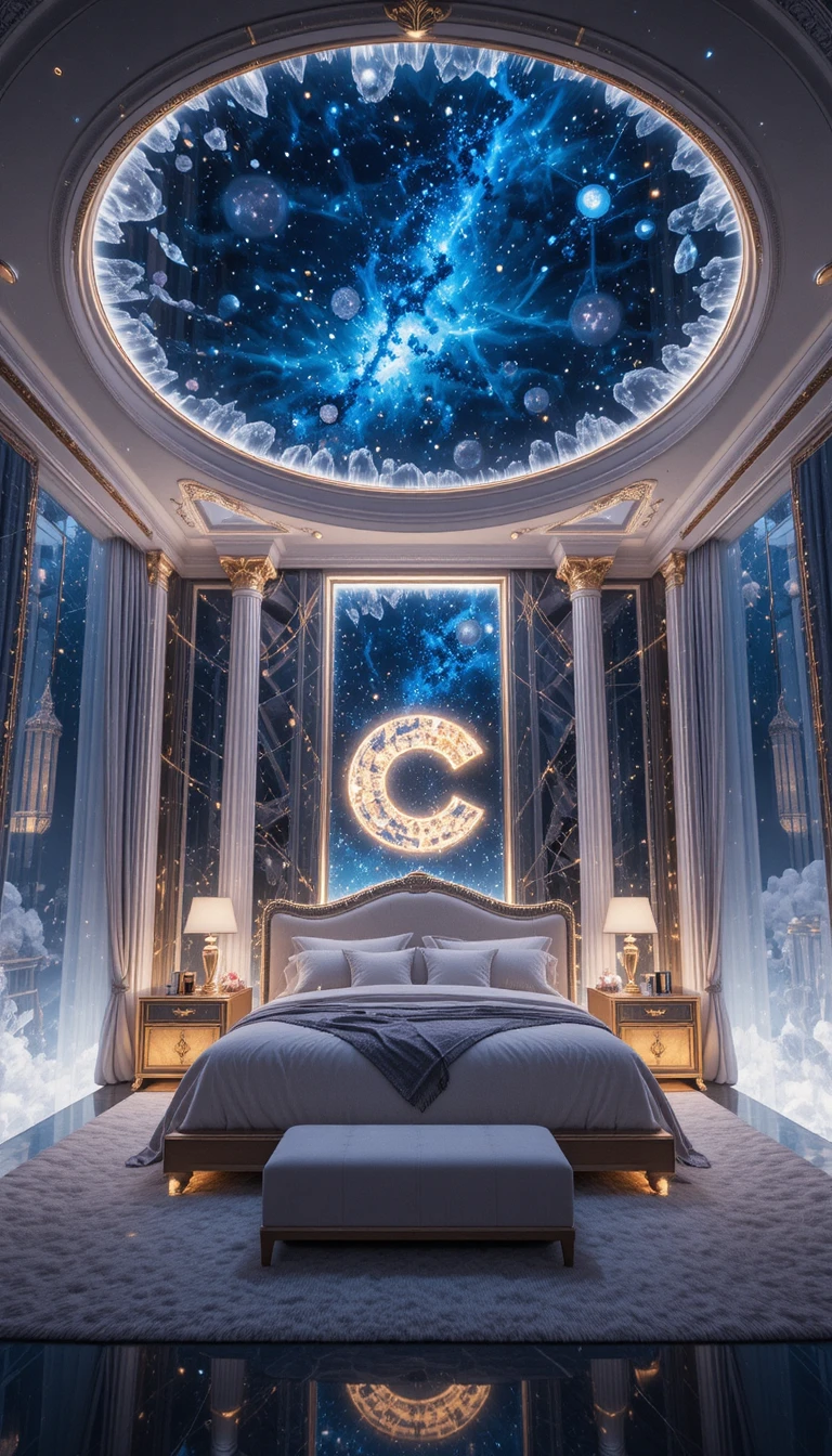Futuristisches Kristall-Schlafzimmer mit leuchtender Galaxie-Decke
