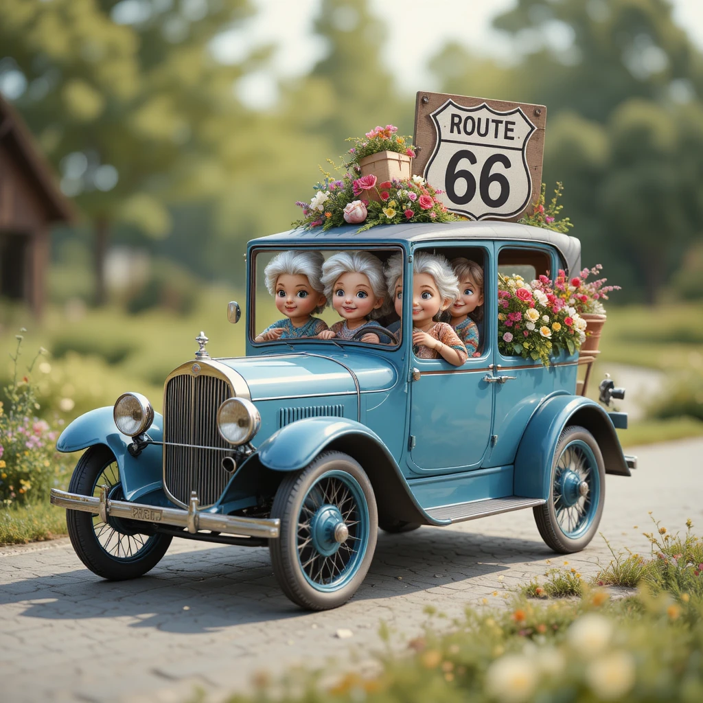 Vintage-blaues Auto voller fröhlicher Großmütter auf Roadtrip