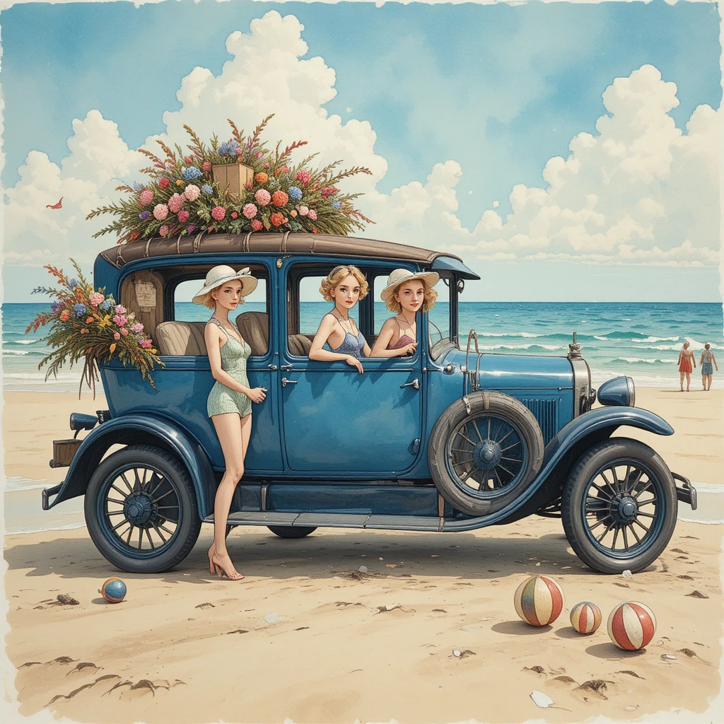 Abuelas juguetonas con pelota de playa junto a un coche azul vintage
