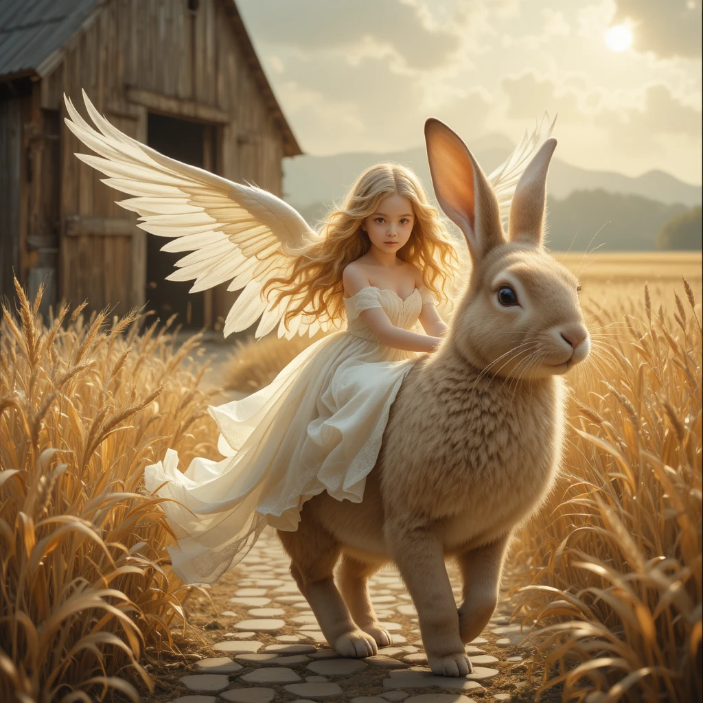 Pequeno anjo celestial montando um coelho em campos dourados